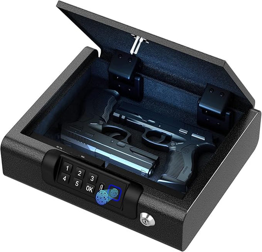 Gun Safe,Biometric Gun Safe for Pistols 3-Ways unlock Fingerprint Digital PIN Key Unlock with Voice, Lock box for Cloakroom living room Bedroom Nightstand and Car BILLCONCH