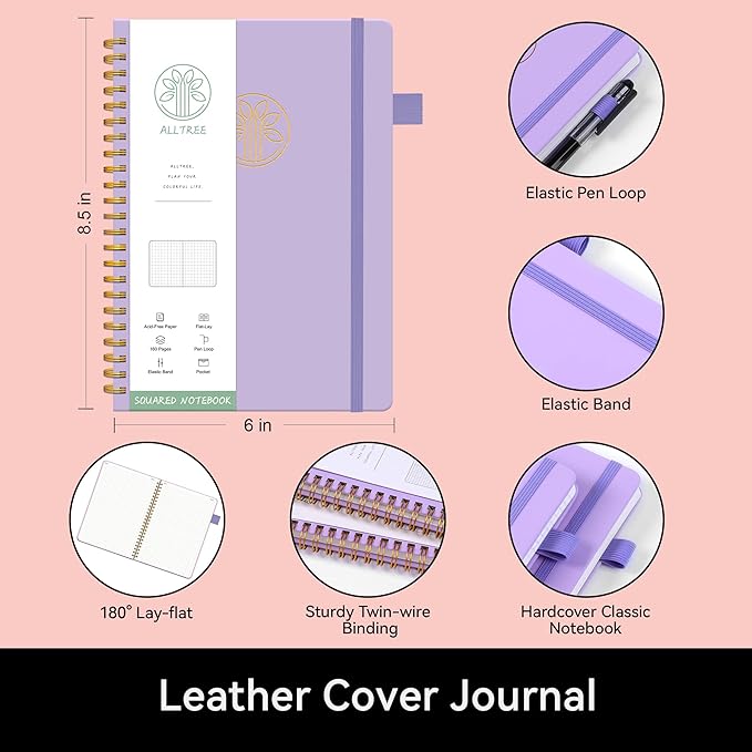 Alltree Spiral Graph Notebook Journal, Leather Hardcover Graph Notebook for Work, Twin Spiral Grid Notebook with Pen Loop, Pocket, 160 Pages, Journal for Women & Men, Purple(6"x8.5")