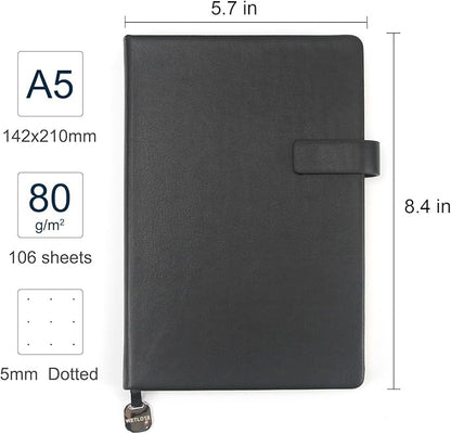 A5 Hard Cover Notebook with Pen Holder, Gold Edges & 180° Lay Flat - Large 5x8.25 Dot Grid, Bookmark, Gift Box - Durable Journal for Office, Study, Travel - Writers, Students(Black)