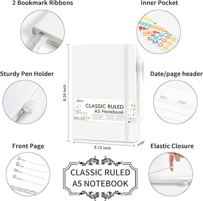 feela 12 Pack Notebooks Journals Bulk, Hardcover Notebook Classic Ruled Lined Journals with Pen Holder for Women Girls School Business Supplies, with 12 Black Pens, 120 GSM, 5.1”x8.3”, A5, White