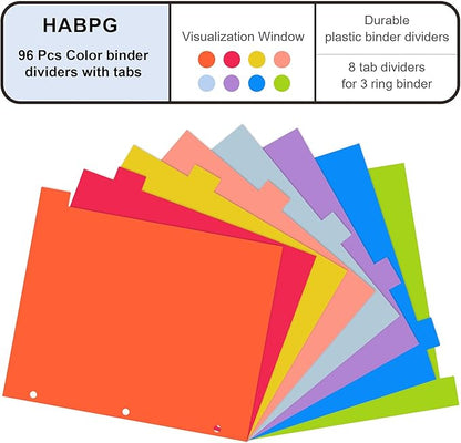 HABGP 96Pcs/12 Set 8 Tab Dividers for 3 Ring Binder, 96 Pcs Multicolor 3 Ring Binder Dividers with Tabs, Page Folder Dividers, Plastic Tabbed File Dividers with Tabs, Three Ring Binder Index Dividers