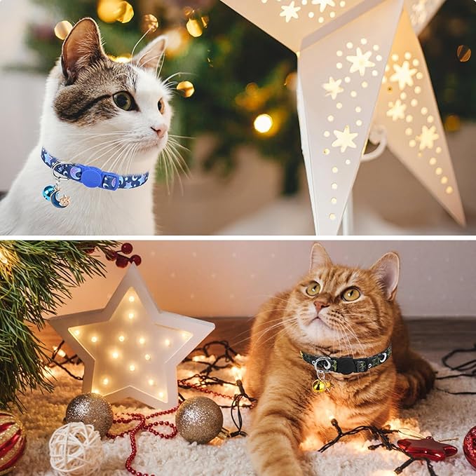 SCENEREAL Cute Cat Collar with Bell Breakaway, 4 Pack Star and Moon Pendant Spring Pet Collar for Girl Boy Cats, Adjustable Safety Black Kitten Puppy Collars Size 8-12"