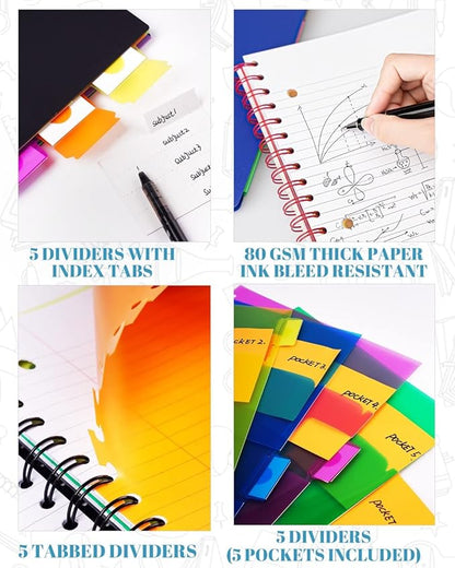 5 Subject Notebook - Spiral Notebook, College Ruled Notebook With Dividers Pocket, Tabs, 11" Ruler, 200 Pages, for Writing Journal, Home & Office, School Supplies, 8.5''x11'' Lily White