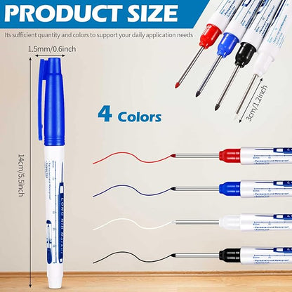 4 Pcs Deep Reach Markers Long Nose Waterproof Deep Hole Marker Carpenter Ink 30 mm Reach Permanent and Pens for Carpenters Builders Construction, 4 Colors
