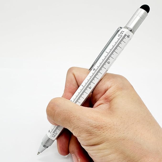 HeTaoCat Gifts Multi Tech Tool Pen 6 in 1 Stylus Pen - Screwdriver Pen with Ruler, Levelgauge, Ballpoint Pen Black Ink (Silver)