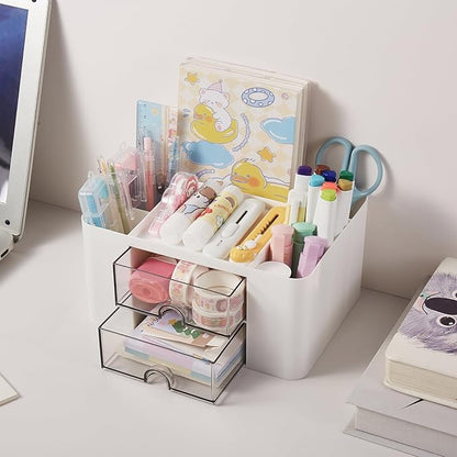 Pen Holder, Office Desk Organizer with Drawer, Pencil Holder for Desk Multi-Functional Pencil Pencil Cup Desktop Stationary Organizer Storage for Office School Home Art Supplies White