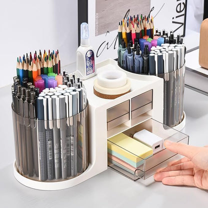 Rotating Desk Organizer with 2 Pen Holder, Desk Organizers and Accessories with 10 Slots Pencil Holder for Desk + 3 Drawer, Art Supply Storage Box Caddy for Office School Home (Light Grey)