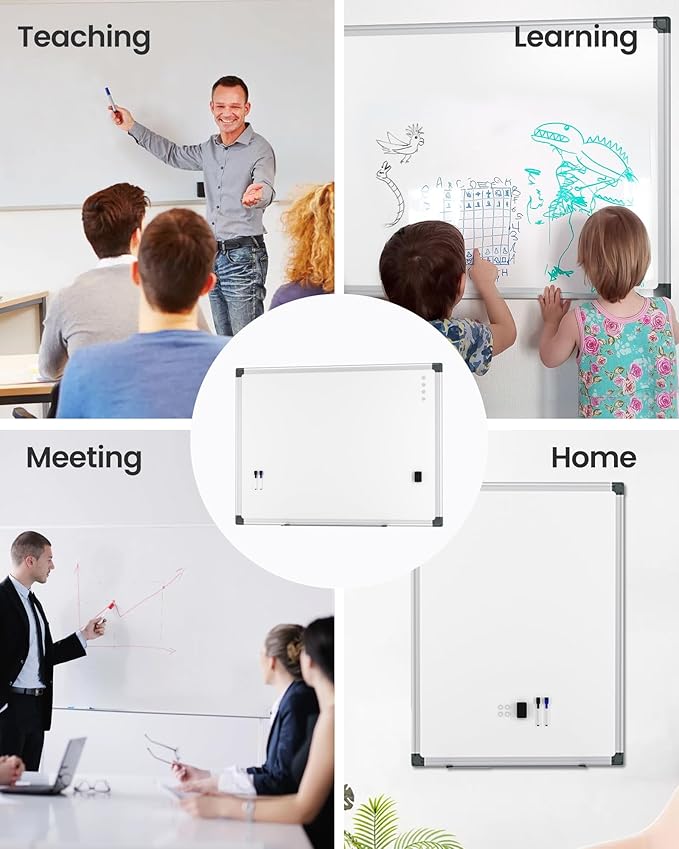 VUSIGN 6PCS Magnetic White Board Hanging 36" x 48" for Office, Class, Home, Sliver Aluminum Frame, 6 Dry-Erase Eraser, 12 Multicolor Marker, 24 Magnetic Pins
