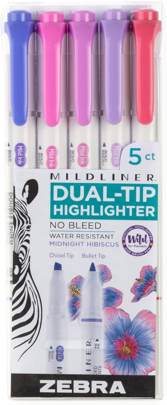 Zebra Pen Mildliner Double-Ended Highlighter Set, Broad and Fine Point Tips, Ideal for Bible Highlighting, No Bleed, Assorted Midnight Hibiscus Ink Colors, 5-Pack (78375)