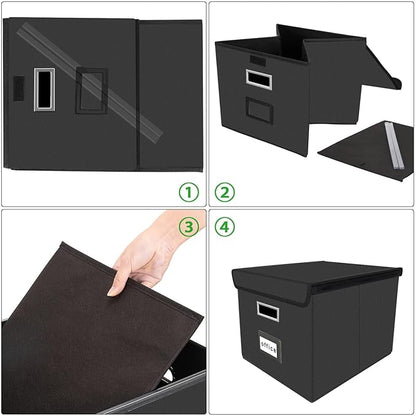 Huolewa Upgraded File Organizer Box with Lid, Collapsible Faux Leather Hanging File Folder Box Organizer with Plastic Slides, Decorative Home/Office Filing System Box for File and Folders Storage