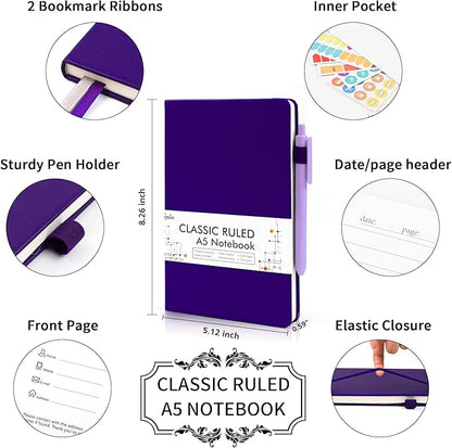 feela 12 Pack Notebooks Journals Bulk, Hardcover Notebook Classic Ruled Journal Set with Pen Holder for School Business Work Travel Writing, with 12 Black Pens, 120 GSM, 5.1”x8.3”, A5, Purple
