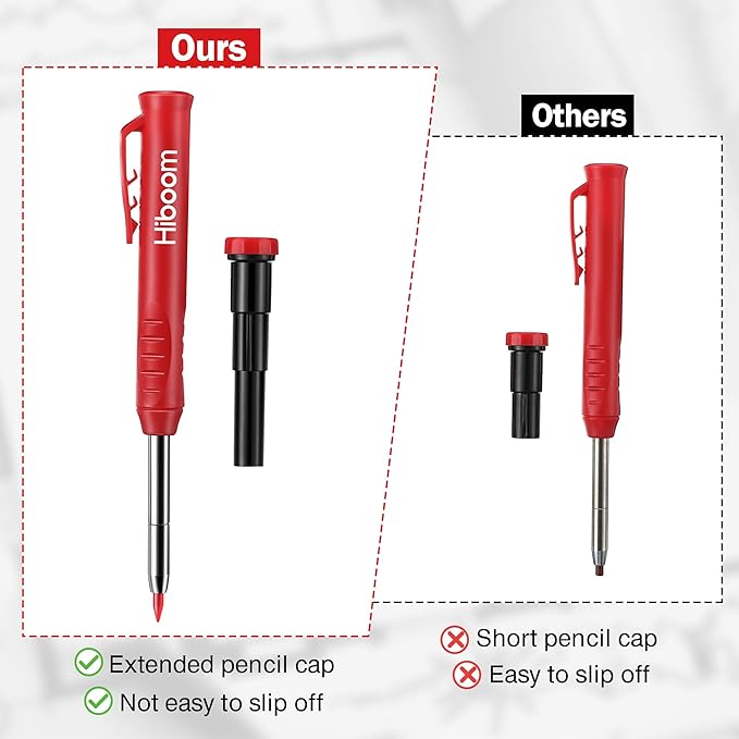 Hiboom 3 Pack Solid Carpenter Pencil with 21 Refill, Long Nosed Deep Hole Mechanical Pencil Marker with Built in Sharpener for Carpenter, Design Patent