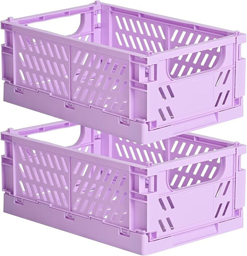 2-Pack Small Pastel Plastic Storage Baskets, Collapsible Crates for Organizing, Space-Saving Mini Bins for Classroom, Kitchen, Office, Bedroom (Purple, 9.8" x 6.5" x 3.8")