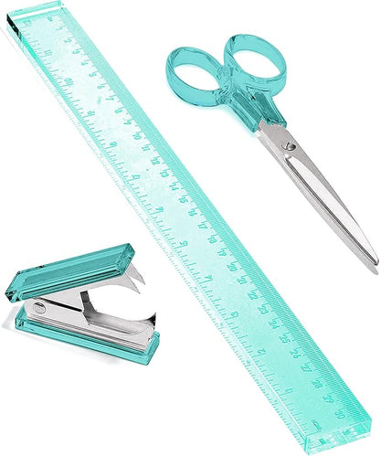 OfficeGoods 3 Piece Acrylic Desk Set - Includes Ruler, Staple Remover, Scissors - Functional & Elegant Desk Accessories - Stationery Tools for Home, Office, and School - Green with Silver Metal