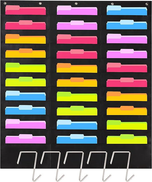 Black Pocket Chart for Classroom - 30 Pocket Storage Rainbow Pocket Charts , 5 Over Door Hangers Included, Hanging Wall File Organizer for File Folders, School Mailbox, Home/Office Papers