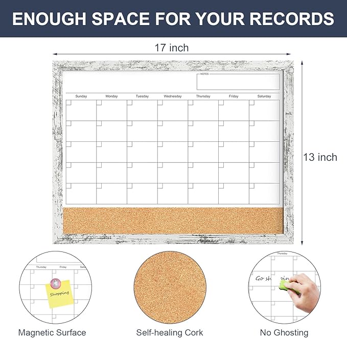 Dry Erase Calendar for Wall, 17"x13" Whiteboard Calendar Cork Board Combo, Magnetic White Board Monthly Calender with Wood Framed, Hanging Dry Erase Board for Office Kitchen Home Planner Memo