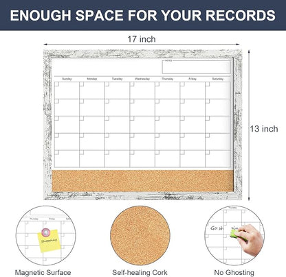 Dry Erase Calendar for Wall, 17"x13" Whiteboard Calendar Cork Board Combo, Magnetic White Board Monthly Calender with Wood Framed, Hanging Dry Erase Board for Office Kitchen Home Planner Memo