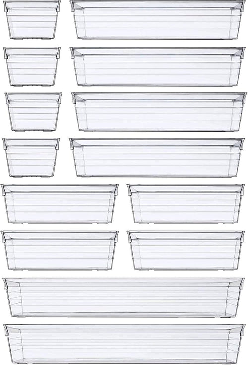 DCA 14 PCS Clear Plastic Drawer Organizer Tray, 4 Sizes Desk Drawer Divider Organizers and Storage Bins for Makeup, Kitchen Utensils, Jewelries and Gadgets