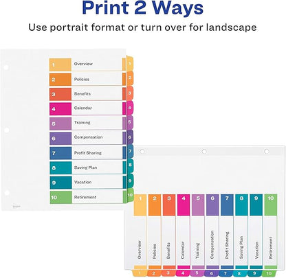 Avery 10 Tab Dividers for 3 Ring Binders, Customizable Table of Contents, Multicolor Tabs, 1 Set (11135)