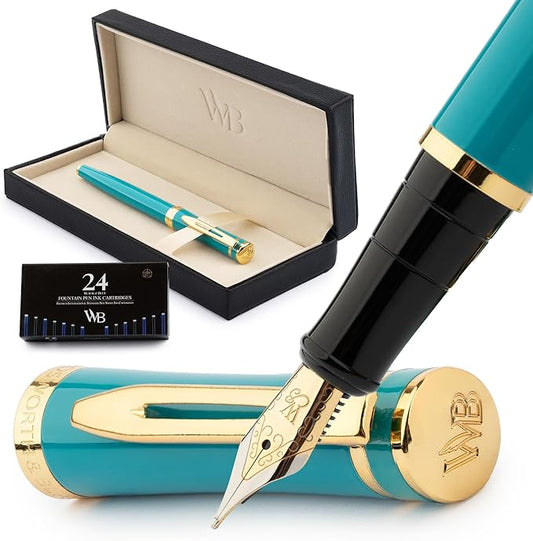 Wordsworth & Black Fountain Pen Set, Medium Nib, Includes 24 Ink Cartridges and Ink Refill Converter, Journaling, Calligraphy,[Turquoise Gold]