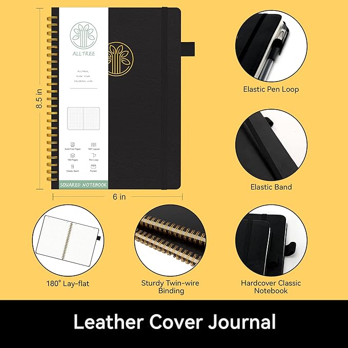 Alltree Spiral Graph Grid Notebook for Work, Leather Hardcover Spiral Notebook with Tabs, Pen Loop, Pocket, Stickers, 160 Pages, Journal for Women & Men, Black(6"x8.5")