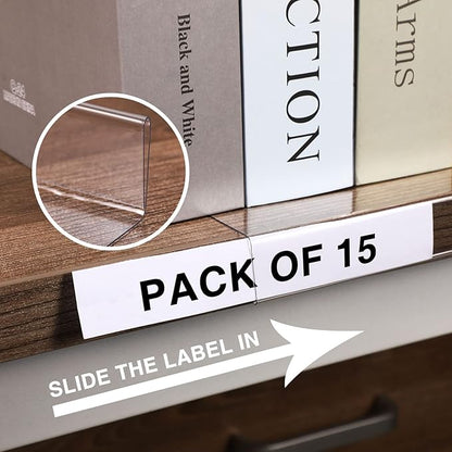 Containlol 15 Pieces Moveable Shelf Label Holders Clear Shelves Tags Library Markers Transparent Display Holder for Classroom Office Book (9.06 x 5.12 0.79 Inch)