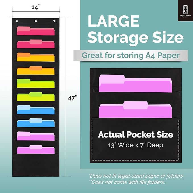 Hippo Creation Heavy Duty Storage Pocket Chart for Classroom, 10 Pocket Storage Organizer with 2 Over-Door Hangers, Hanging Wall Organizer for File Folders, School Mailbox, Home Office Papers - Black