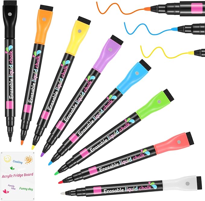 Liquid Chalk Markers Magnetic Wet Erase Markers for Acrylic Calendar Planning Board Clear Glass Writing Board Whiteboard Window/Mirror, 16 Pack, 8 Vibrant Color, 1mm Fine Tip