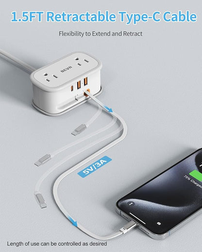 BEVA Travel Power Strip, Flat Plug Power Strip with Retractable USB C Cable, 5 FT Short Extension Cord with 2 AC Outlets 3 USB Ports(1 USB C), Small Portable Travel Accessories, Cruise Ship Essentials