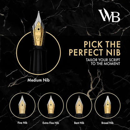 Wordsworth & Black Fountain Pen Set, Medium Nib, 24 Ink Cartridges and Ink Refill Converter, Gift Case, Journaling, Calligraphy, Smooth Writing Pens [Sky Blue, Gold Finish], Perfect for Men and Women