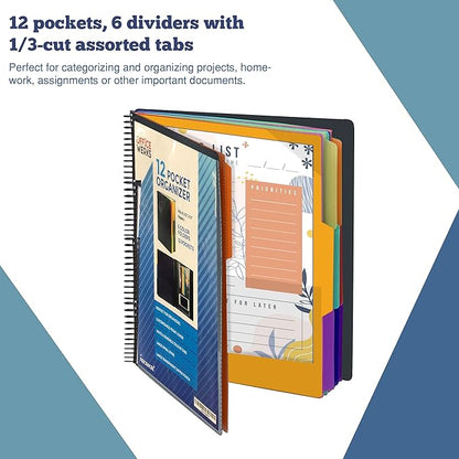 Performore - 12 Pocket Spiral Subject Organizer with 6 Dividers, Folder Organizer Binder with Front Cover Pocket and Customizable Cover, Erasable Write On Tabs for Documents Files Projects