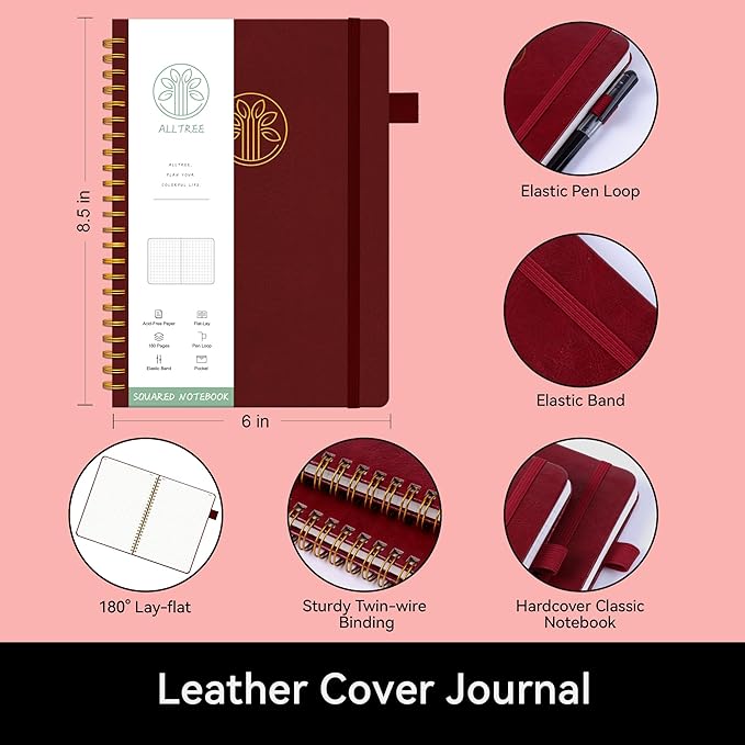 Alltree Spiral Graph Notebook Journal, Leather Hardcover Graph Notebook for Work, Twin Spiral Grid Notebook with Pen Loop, Pocket, 160 Pages, Journal for Women & Men, Burgundy(6"x8.5")