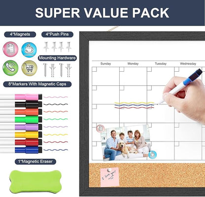 Dry Erase Calendar for Wall, 17"x13" Dry Erase Calendar Cork Board Combo, Magnetic Small White Board with Wood Framed, Hanging Dry Erase Board for Planner Office Kitchen Home Memo