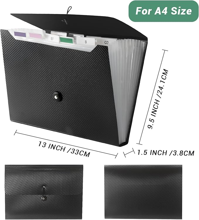 Expanding File Folder A4,13 Pockets File Organiser with Colored Tags, Paperwork A4 Plastic Wallet Document Storage Expander for School,Office and Home, Black