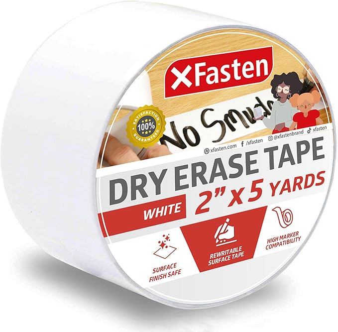 XFasten Dry Erase Tape White 2-Inch x 15-Feet Zero Smudging Ghosting-Free Whiteboard Tape, Reusable Dry Erase Labels for Storage Bins, Sentence Strips for Teachers