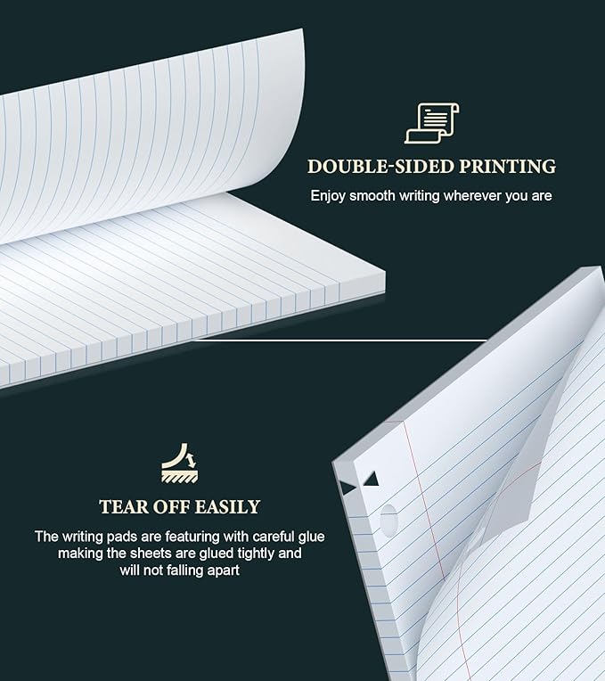 College Ruled Loose Leaf Paper, 6 Pack Notebook Paper 8x10.5 Lined Paper, Filler Paper for 3 Ring Binders, Writing Pads 75 Sheets Per Notepad Double-Side Printed Lined Paper College Ruled for Home