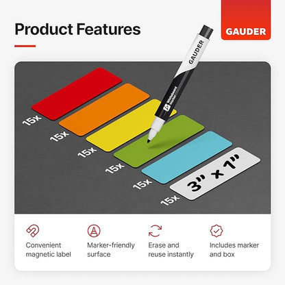 GAUDER Magnetic Dry Erase Labels | 90x Magnetic Labels (3 Inches x 1 Inch) | Dry Erase Magnets for Classroom, Whiteboard and Blackboard