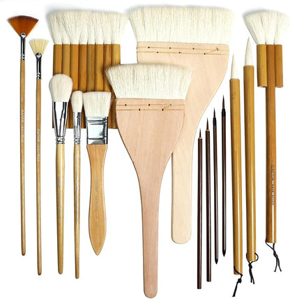 Pottery Brushes for Glazing,15 Pcs Ceramic Brushes Set with Storage Box Wool Bamboon Hake Brushes for Pottery Acrylic Watercolor