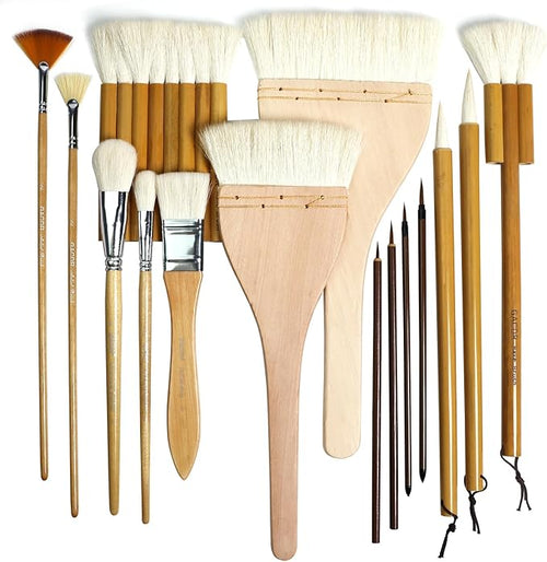 Pottery Brushes for Glazing,15 Pcs Ceramic Brushes Set with Storage Box Wool Bamboon Hake Brushes for Pottery Acrylic Watercolor