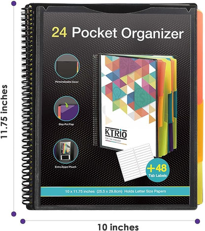 KTRIO 24 Pocket Poly Project Organizer, Spiral Binder Organizer Multi Pocket Folder with Dividers, Back Cover Utility Pouch, Letter Size School Supplies