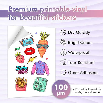 Koala Printable Vinyl Sticker Paper for Inkjet Printer - 50 Sheets White Glossy Sticker Paper, Waterproof Sticker Printer Paper 8.5x11 Inch, Tear-Resistant, Removable