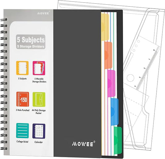Spiral Notebook - 5 Subject Notebook, College Ruled Notebook With Dividers Pocket, Tabs Label, 11"Ruler, 300 Pages, for Writing Journal, Home & Office, School Supplies, 8.5''x11''Black 150sheets