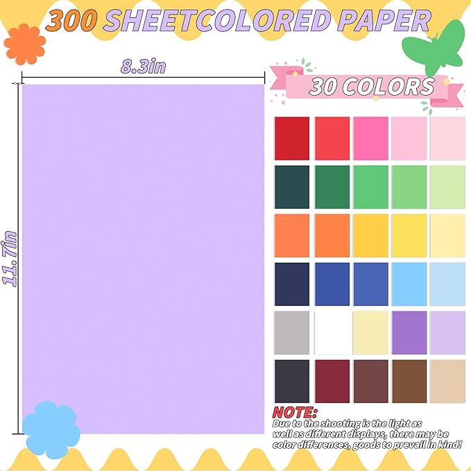 Colored Cardstock Bulk 300 sheets, A4 Cardstock Paper 30 Assorted Colors Construction Paper, Card Stock Printer Paper Scrapbooking Supplies for Diy Crafts Cricut Card Making, 65LB/180 GSM