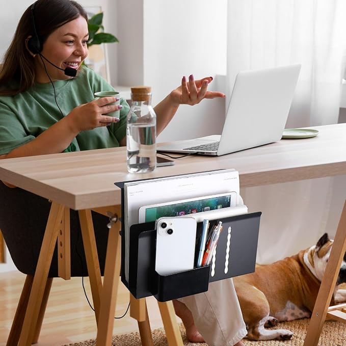 LUKETURE Desk Side Storage, 2 Tier Steel Hanging Organizer, No Drill Side Desk Organizer, Laptop Holder, with Pen Holder, Hanging Table Storage for Office and Home