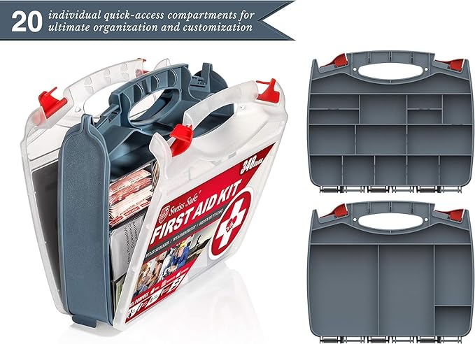 Swiss Safe 2-in-1 First Aid Kit for Car, Travel & Home, Businesses - Bonus Mini Kit for Medical Emergency Aid, Survival, Camping - FSA & HSA Eligible - 348 Pcs, Large Hardcase FAK