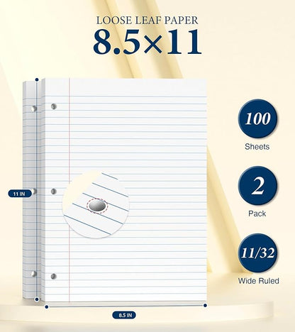Loose Leaf Paper, Notebook Paper, 8.5 x 11 Wide Ruled Paper, 3 Hole Punch Binder Paper, Binder Notebook, Lined Paper for 3 Ring Binders, 200 Sheets Filler Paper, Writing Paper with Lines (2 Pack)