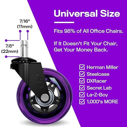 The Office Oasis Original Roller Style Office Chair Wheels (As Seen On PBS) - Smooth & Quiet Casters - Safe for Hardwood Floors & Carpet - Easy Installation with Universal Fit - Set of 5 - Purple