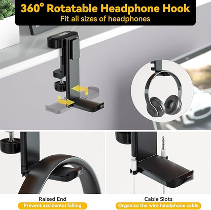 KDD 4 in 1 Desk Cup Holder - Clamp on Under Desk Headphone Hanger - Rotating Headphone Holder Detachable Pen Cup Holder Desk Storage for Cup, Phone and Pen(Black)