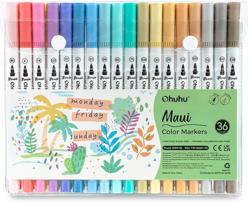 Ohuhu Markers for Adult Coloring Books No bleeding 36 Pastel Colors Coloring Markers Water-based Dual Tips Fineliner & Brush Drawing Pens Art Markers for Kids Adults Sketch Journal - Maui