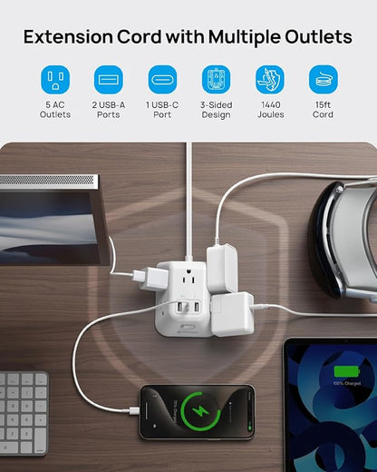 TROND 15ft Long Extension Cord, Ultra Thin Flat Plug Power Strip, 5 Widely-Spaced AC Outlets and 3 USB Ports, 1440J Surge Protector, 3-Sided Wall Mount for Home Office Dorm Room, White